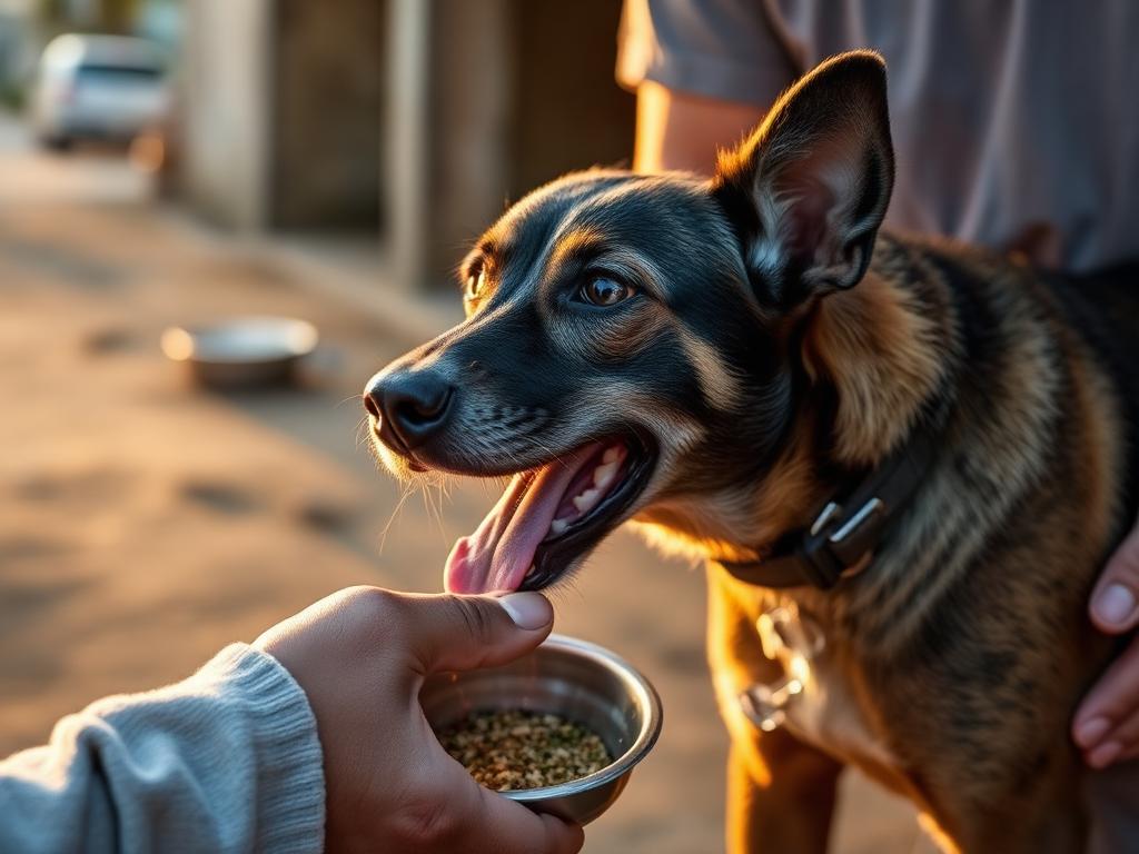 Perro de la calle alimentado por voluntarios