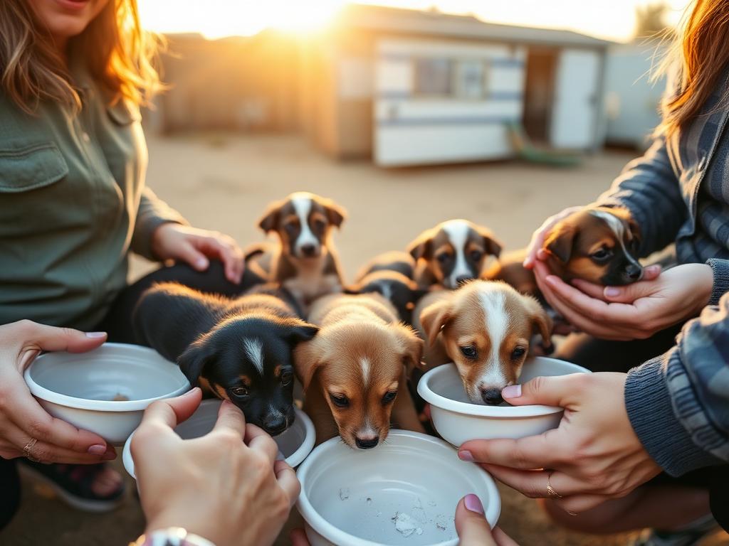 Cachorros rescatados comiendo juntos